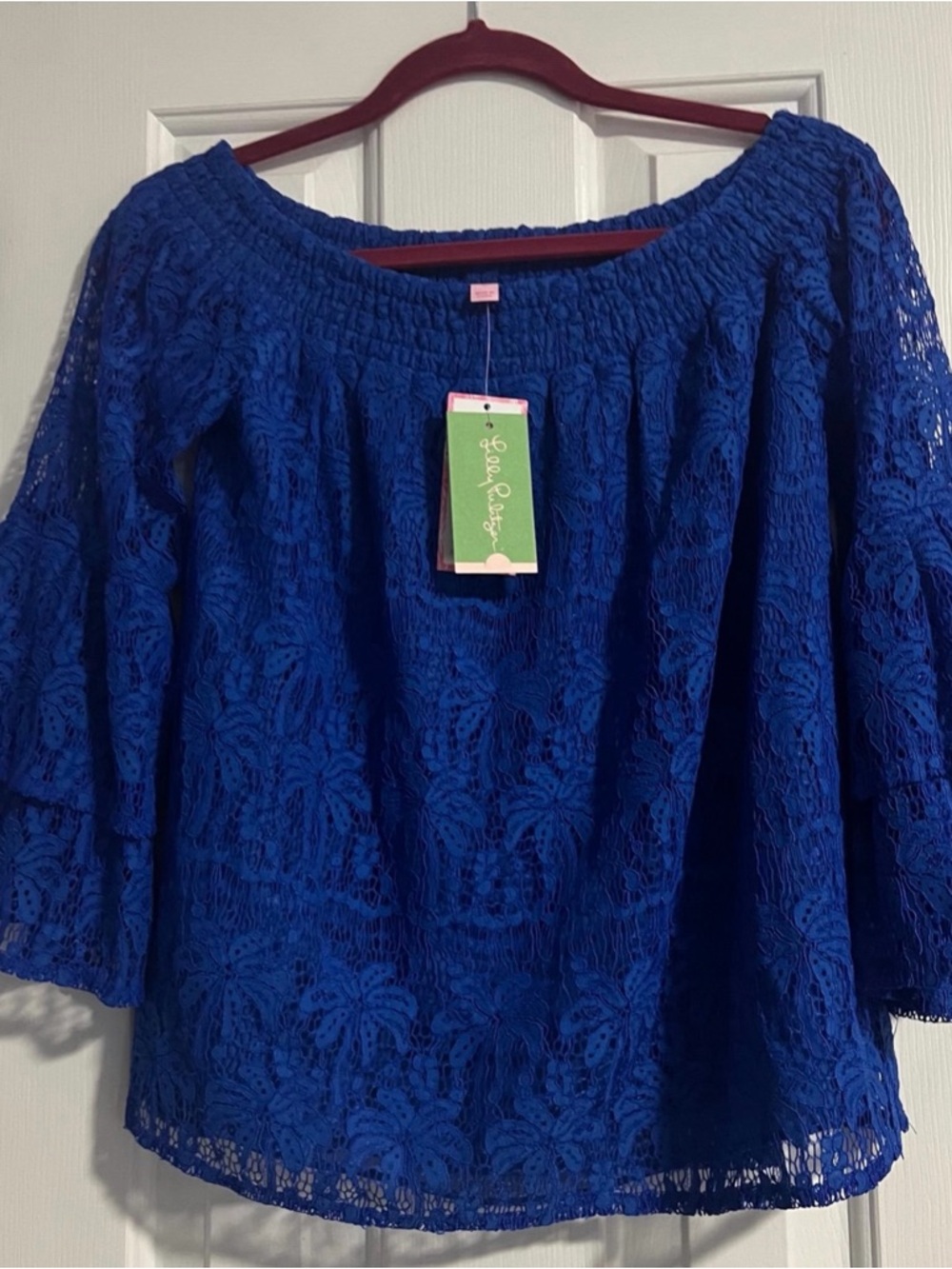 Lilly Pulitzer Cobalt Blue Floral Lace Off-Shoulder Top